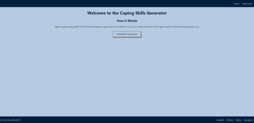 landing page for coping skills generator web application